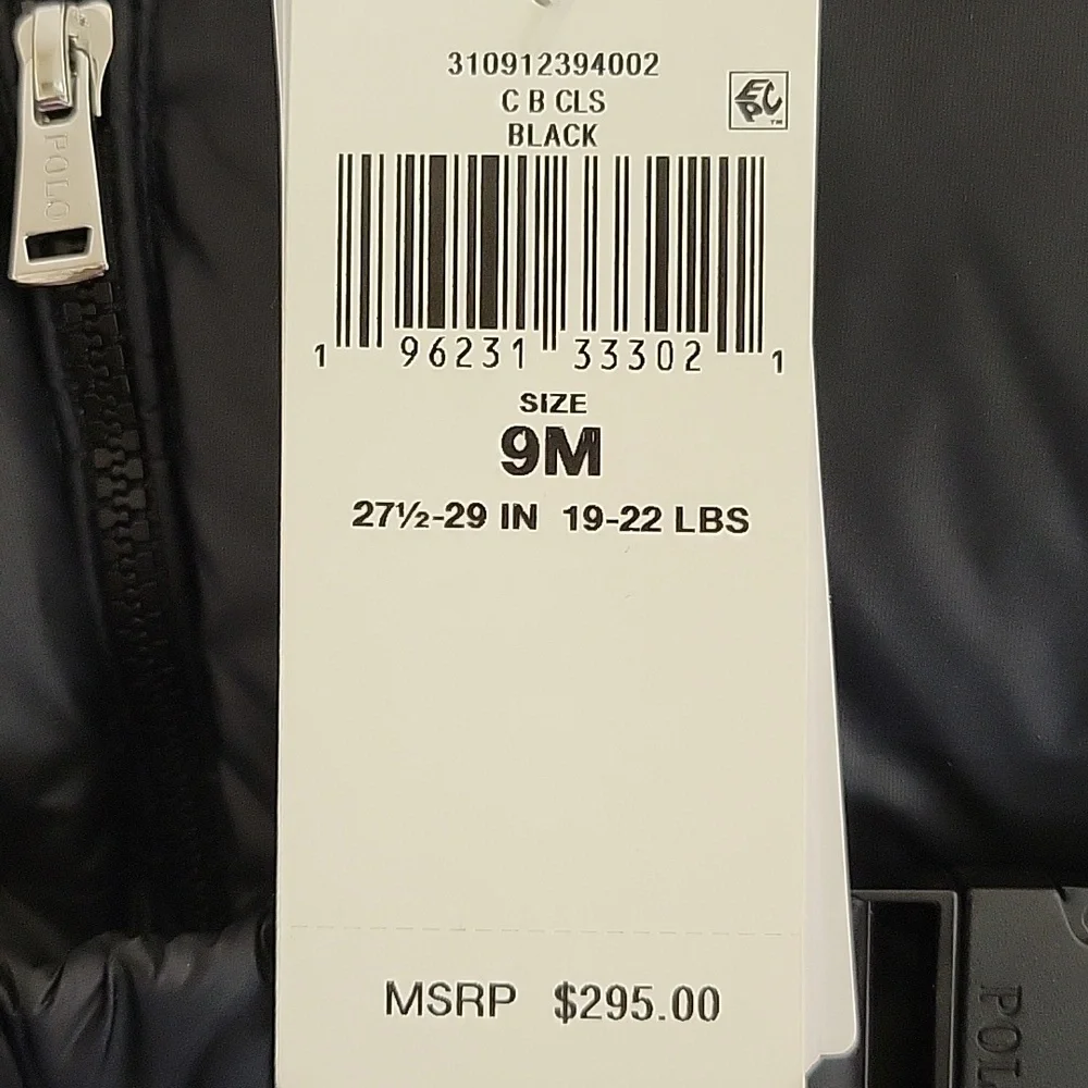 Ralph Lauren Black Hooded Down Puffer Snowsuit Sz 9m New Recycled Material